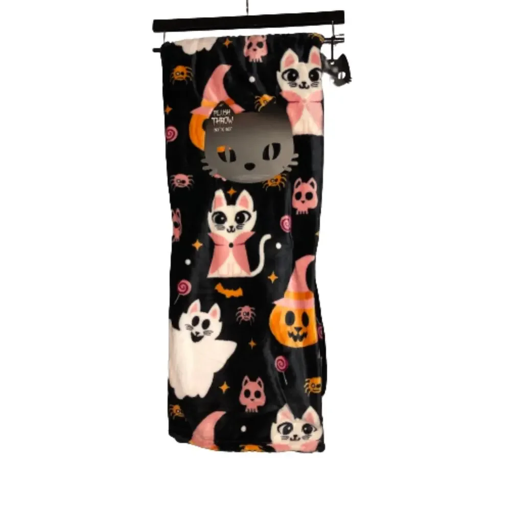 New Halloween Cat Skull Ghost Spider Vampire Pumpkin Throw Blanket Black Pink